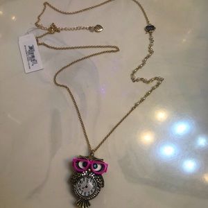 Betsey Johnson Gold Tone Back To Cool Owl Clock Pendant Necklace NWT